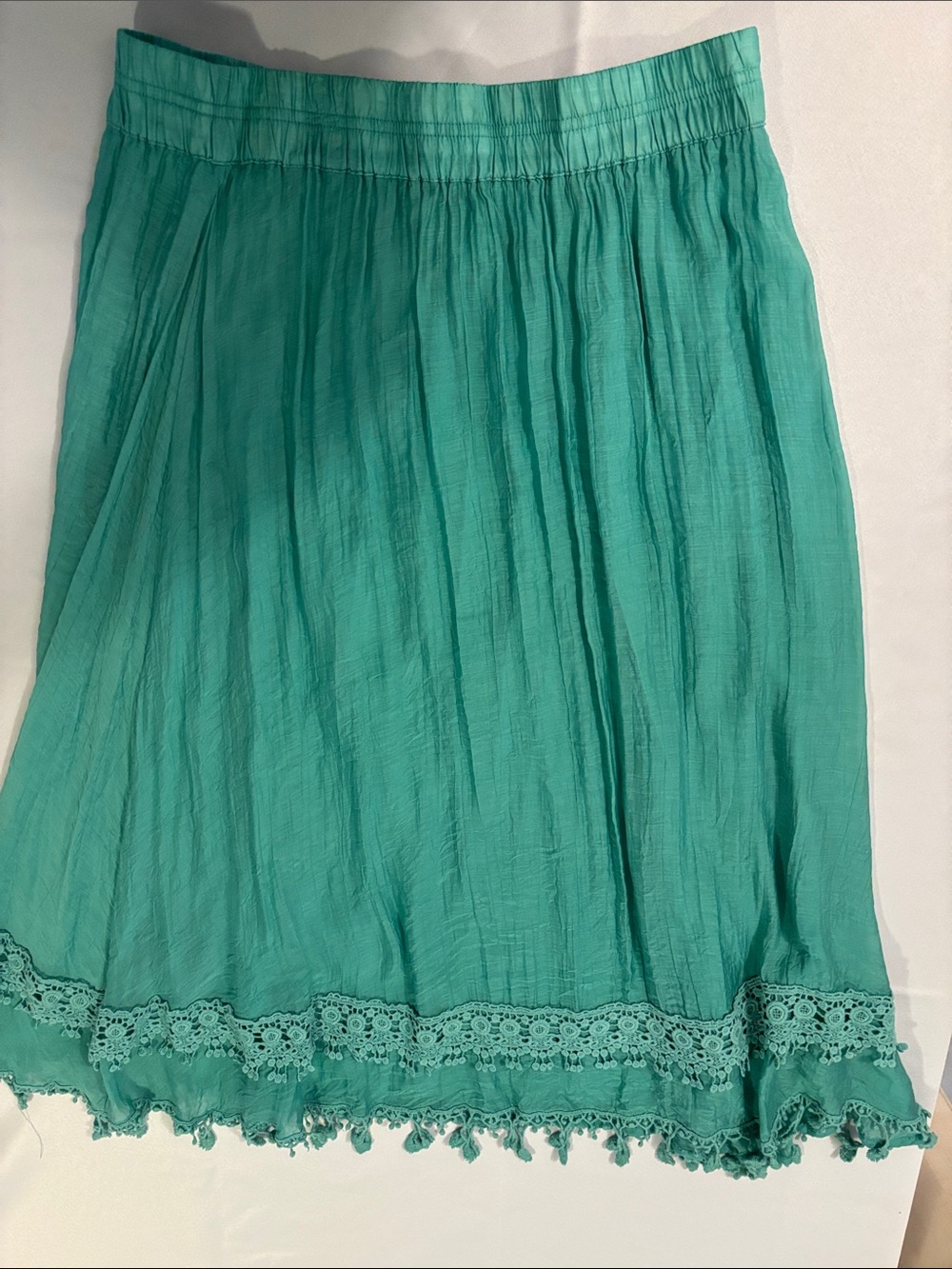 Boho style krazy kat Teal A-Line Skirt with Crochet Trim